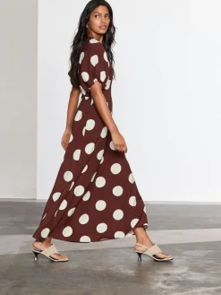 New Next Print Puff Sleeve Midi Dress Chocolate Brown Spot