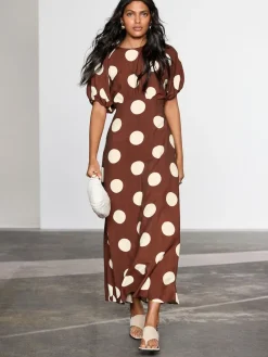 New Next Print Puff Sleeve Midi Dress Chocolate Brown Spot