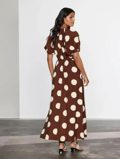 New Next Print Puff Sleeve Midi Dress Chocolate Brown Spot