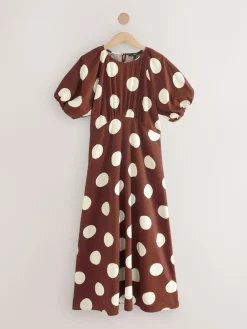New Next Print Puff Sleeve Midi Dress Chocolate Brown Spot