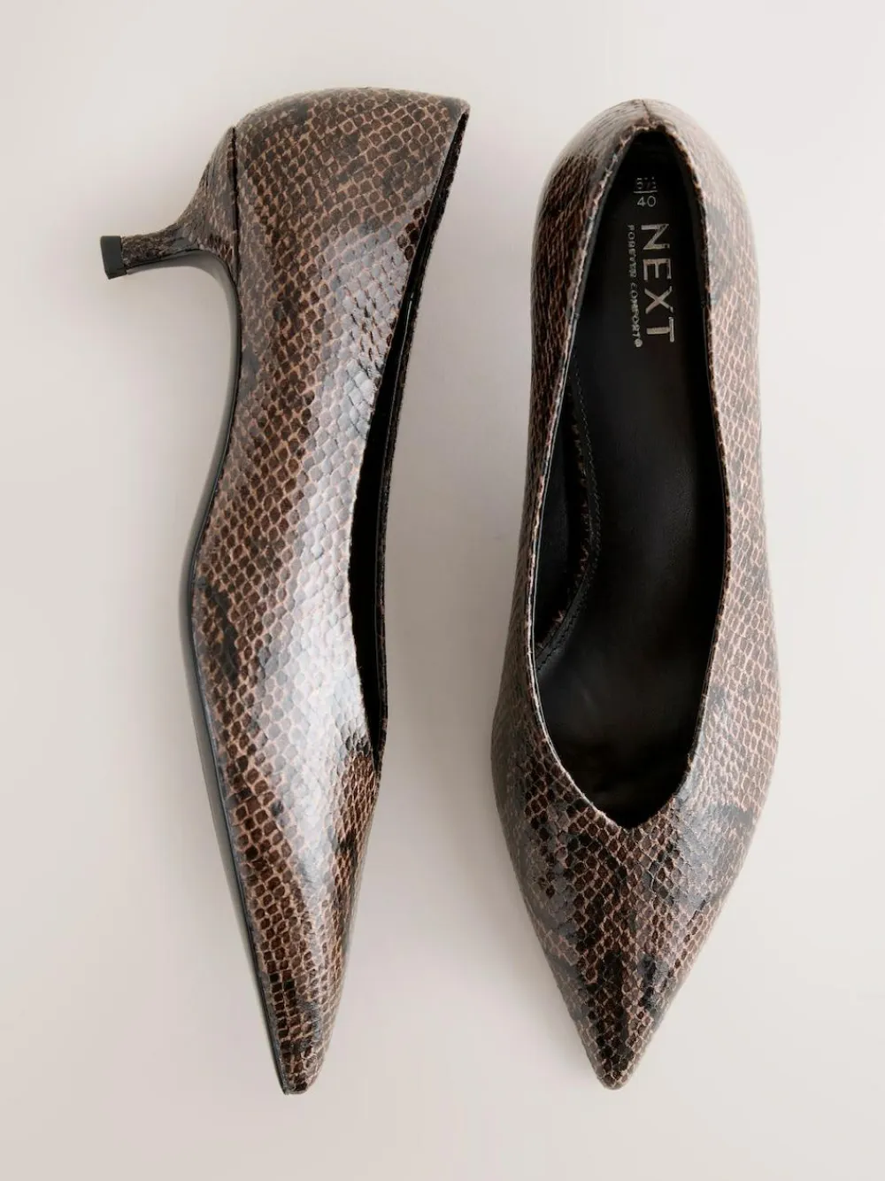 Online Next Standard/Wide Fit Point Toe Low Kitten Heels Shoes Chocolate Brown