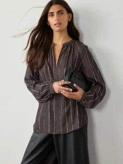 Discount Next Chocolate Brown Stripe Long Sleeve V-Neck Blouse