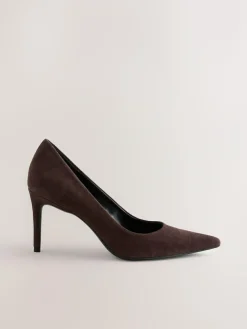 Next Chocolate Brown Suede Standard/Wide Fit Leather Mid Court Shoes^Women Heels