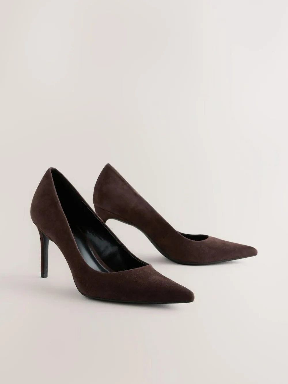 Next Chocolate Brown Suede Standard/Wide Fit Leather Mid Court Shoes^Women Heels