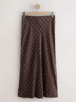 Discount Next Satin Midi Skirt Chocolate Brown/Cream Polka Dot
