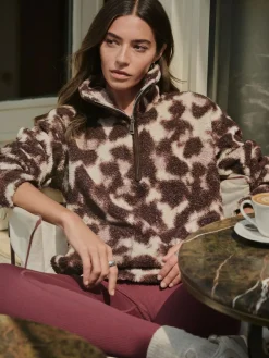 Next Chocolate Brown/Pink Leopard Soft Touch Cosy Teddy Borg Quarter Zip Fleece^Women Loungewear|Hoodies & Sweatshirts