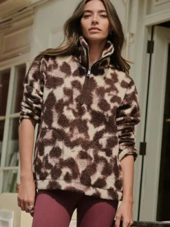 Next Chocolate Brown/Pink Leopard Soft Touch Cosy Teddy Borg Quarter Zip Fleece^Women Loungewear|Hoodies & Sweatshirts