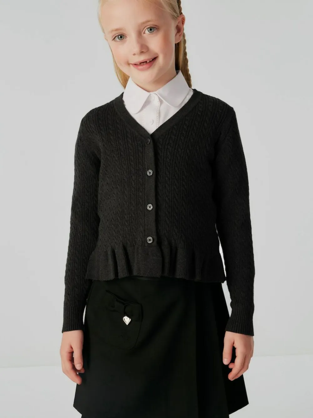 Clearance Clarks Black Cable Knit Frill School Cardigan