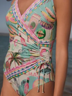 Hot Next Conversational Print Ruched Side Tummy Shaping Control Swimsuit