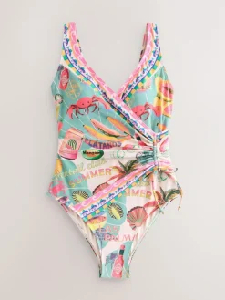 Hot Next Conversational Print Ruched Side Tummy Shaping Control Swimsuit