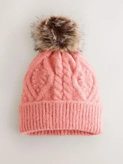Next Coral Pink Cable Knitted Pom Hat^Women Hats|Hats, Gloves & Scarves
