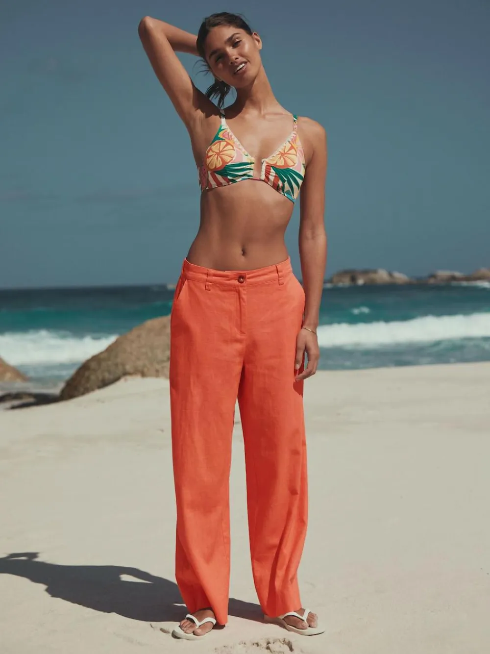 Online Next Smart Front Linen Blend Wide Leg Trousers Coral Pink