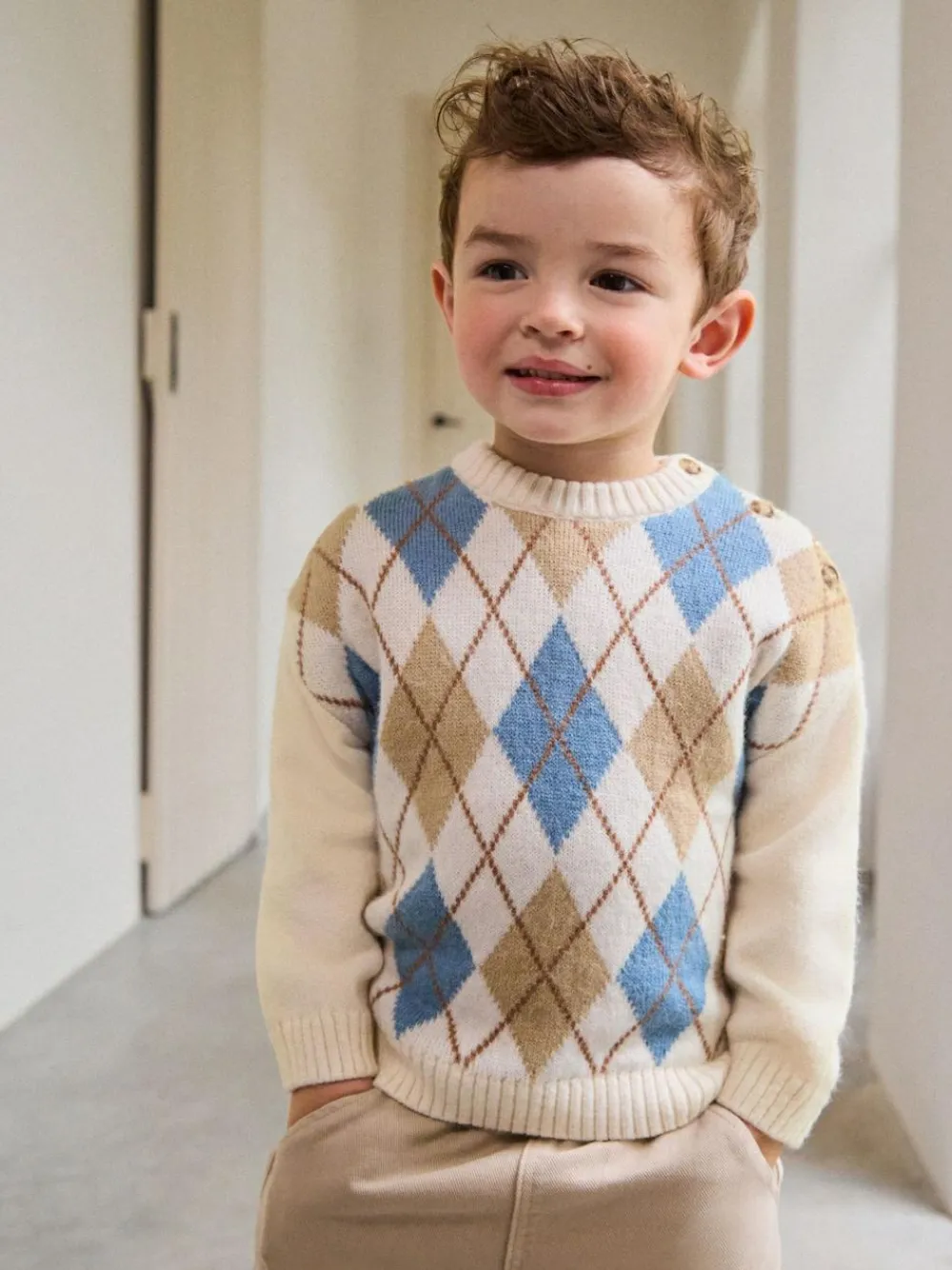New Next Knitted Crew Neck Cotton Jumper (3mths-7yrs) Cream Argyle