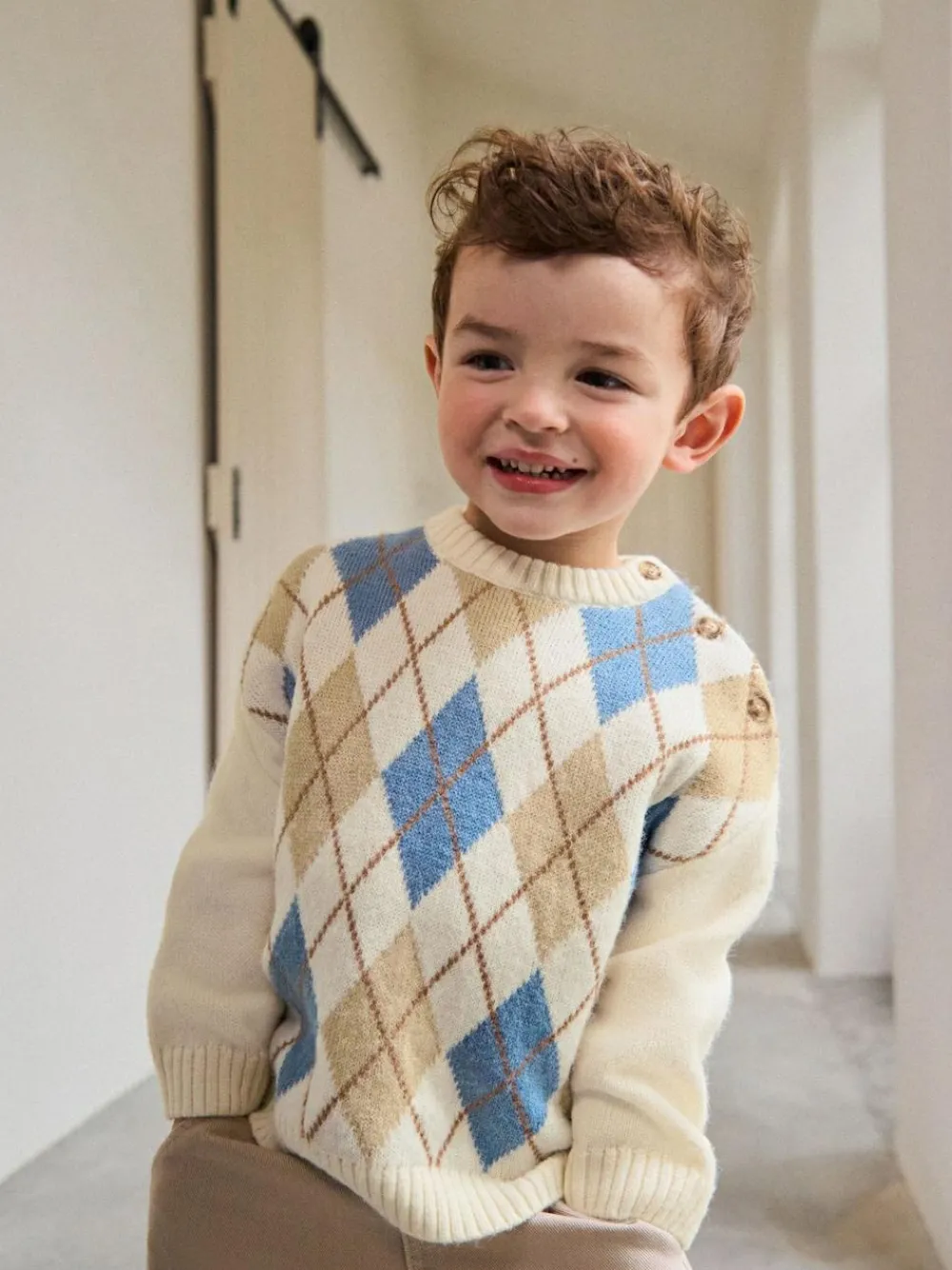 New Next Knitted Crew Neck Cotton Jumper (3mths-7yrs) Cream Argyle