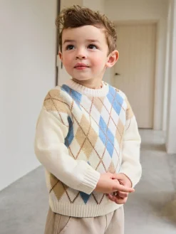 New Next Knitted Crew Neck Cotton Jumper (3mths-7yrs) Cream Argyle