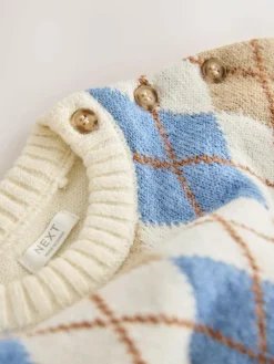 New Next Knitted Crew Neck Cotton Jumper (3mths-7yrs) Cream Argyle