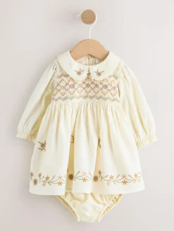 Online Next Cream Baby Embroidered Long Sleeve Dress and Knickers Set 2 Piece (0mths-2yrs)