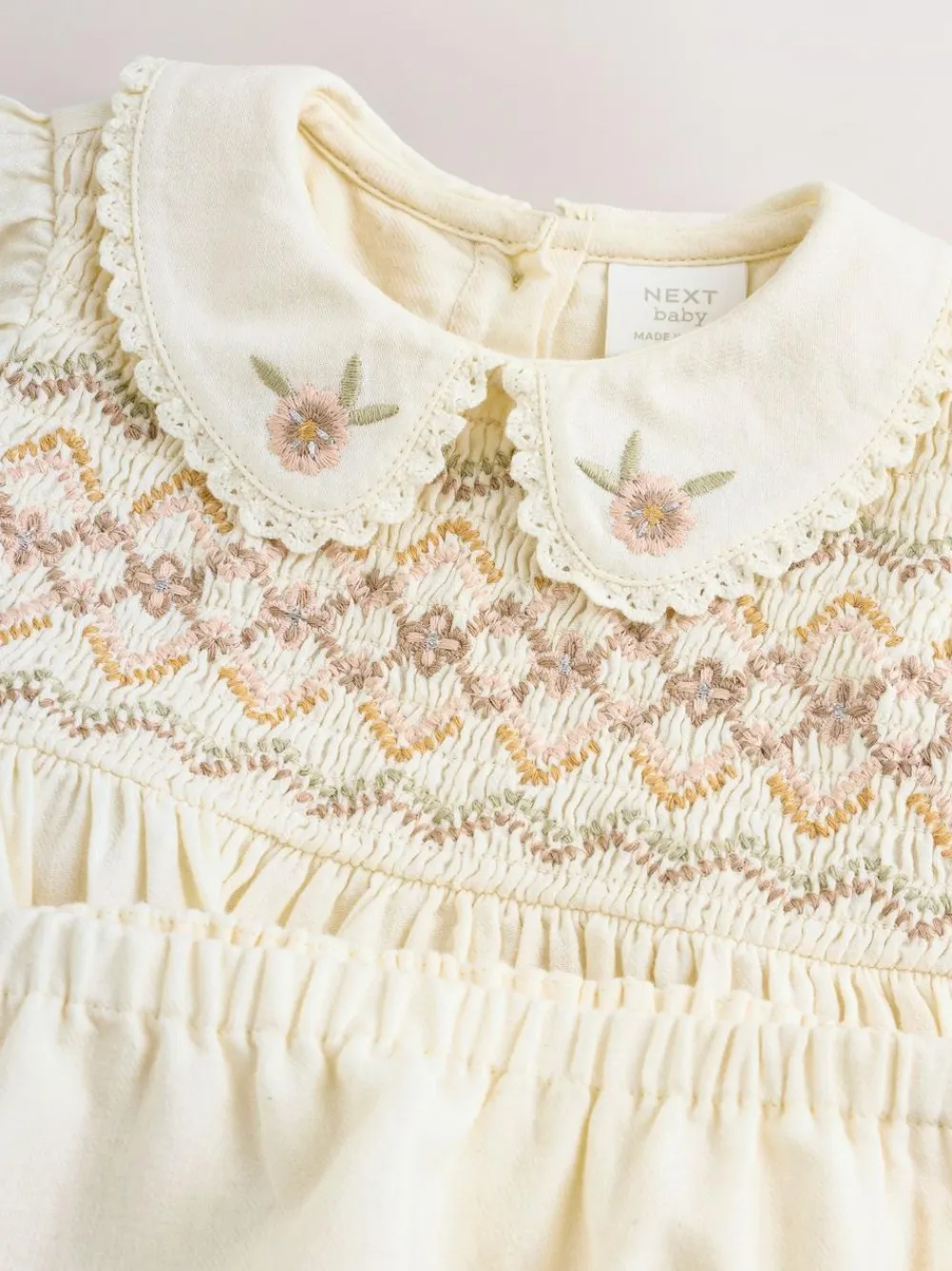 Online Next Cream Baby Embroidered Long Sleeve Dress and Knickers Set 2 Piece (0mths-2yrs)