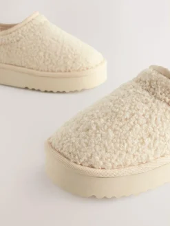 Hot Next Flatform Shoot Fleece Lined Slippers Cream Borg
