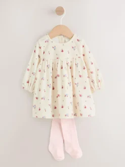 Next Baby Long Sleeve Velour Dress and Tights Set 2 Piece (0mths-2yrs) Cream Ditsy