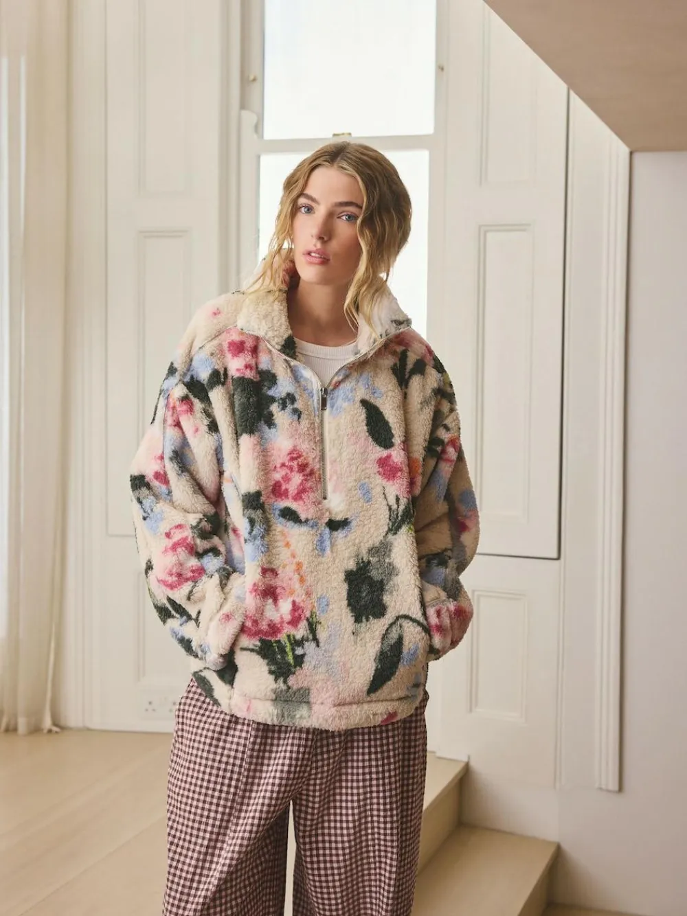 Sale Next Cream Floral Borg Half Zip Fleece