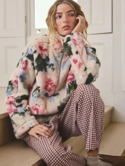 Sale Next Cream Floral Borg Half Zip Fleece