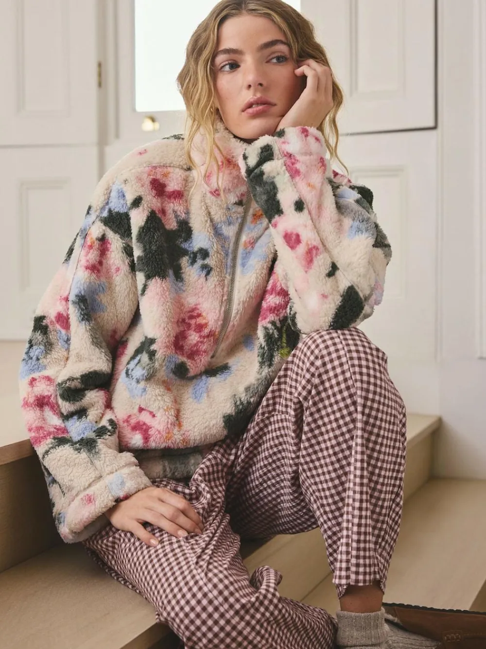 Sale Next Cream Floral Borg Half Zip Fleece