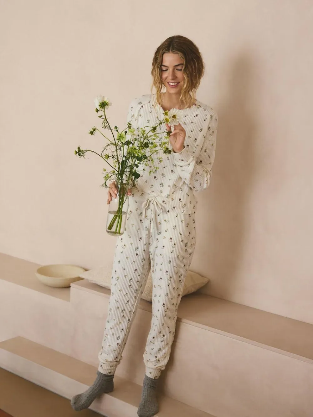 Next Cream Floral Cosy Waffle Long Sleeve Pyjamas^Women Pyjamas|All Night & Lounge