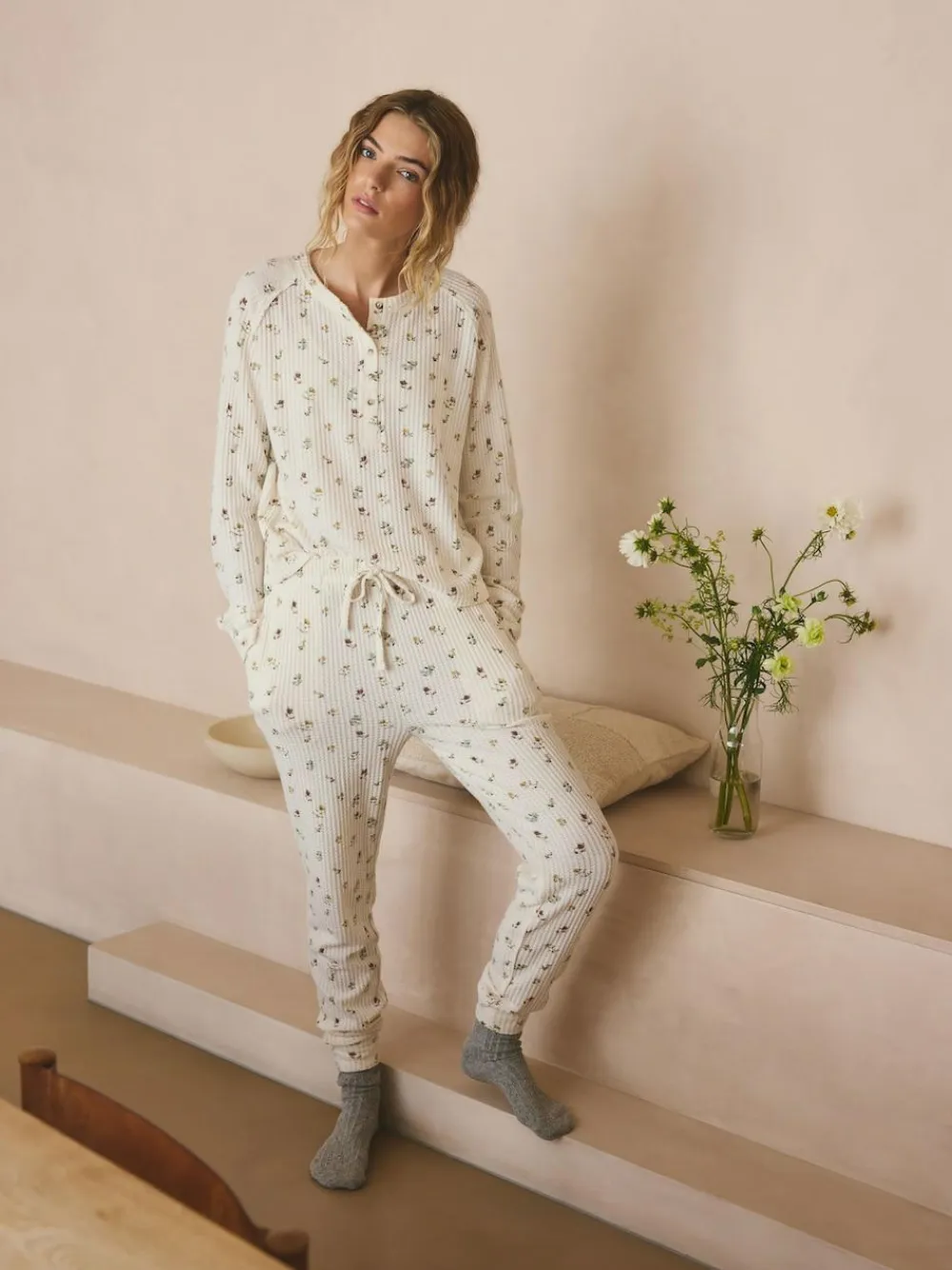 Next Cream Floral Cosy Waffle Long Sleeve Pyjamas^Women Pyjamas|All Night & Lounge