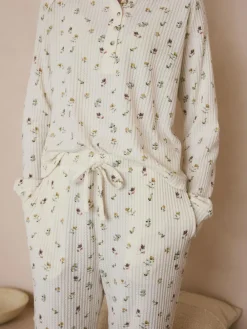 Next Cream Floral Cosy Waffle Long Sleeve Pyjamas^Women Pyjamas|All Night & Lounge