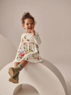 Best Next Cream Floral Long Sleeve Ribbed Dress (3mths-7yrs)