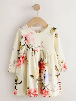 Best Next Cream Floral Long Sleeve Ribbed Dress (3mths-7yrs)