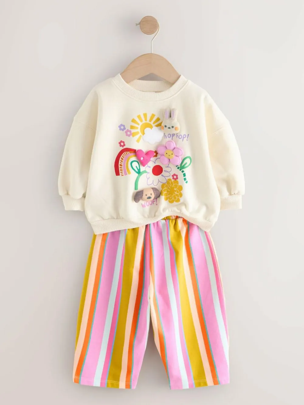 Next Cream Stripe Padded Characters Sweatshirt and Barrel Leg Joggers Set (3mths-7yrs)^ Baby Girls|Baby Winter Clothing