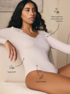 New Next Thermal Base Layer Lace Trim Bodysuit Cream