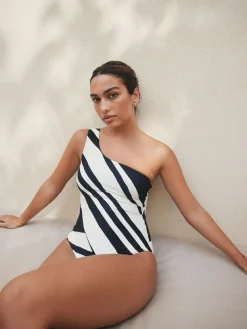 Discount Next Cream/Black Stripe One Shoulder Tummy Control Swimsuit