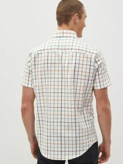 Next Cream/Blue Tattersall Check Easy Iron Button Down Short Sleeve Oxford Shirt^ Shirts