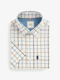 Next Cream/Blue Tattersall Check Easy Iron Button Down Short Sleeve Oxford Shirt^ Shirts