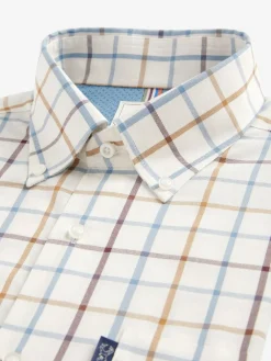 Next Cream/Blue Tattersall Check Easy Iron Button Down Short Sleeve Oxford Shirt^ Shirts