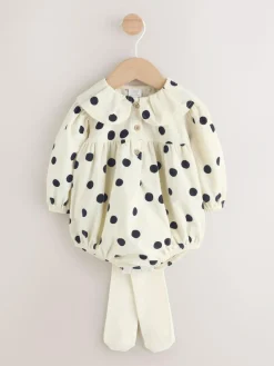 Next Cream/Charcoal Polka Dot Baby Bloomer Rompers Set 2 Piece with Tights (0mths-3yrs)^ Rompers & Overalls|Sets & Coords