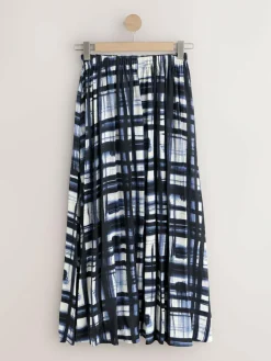 New Next Satin Pleated Maxi Skirt Cream/Navy Check
