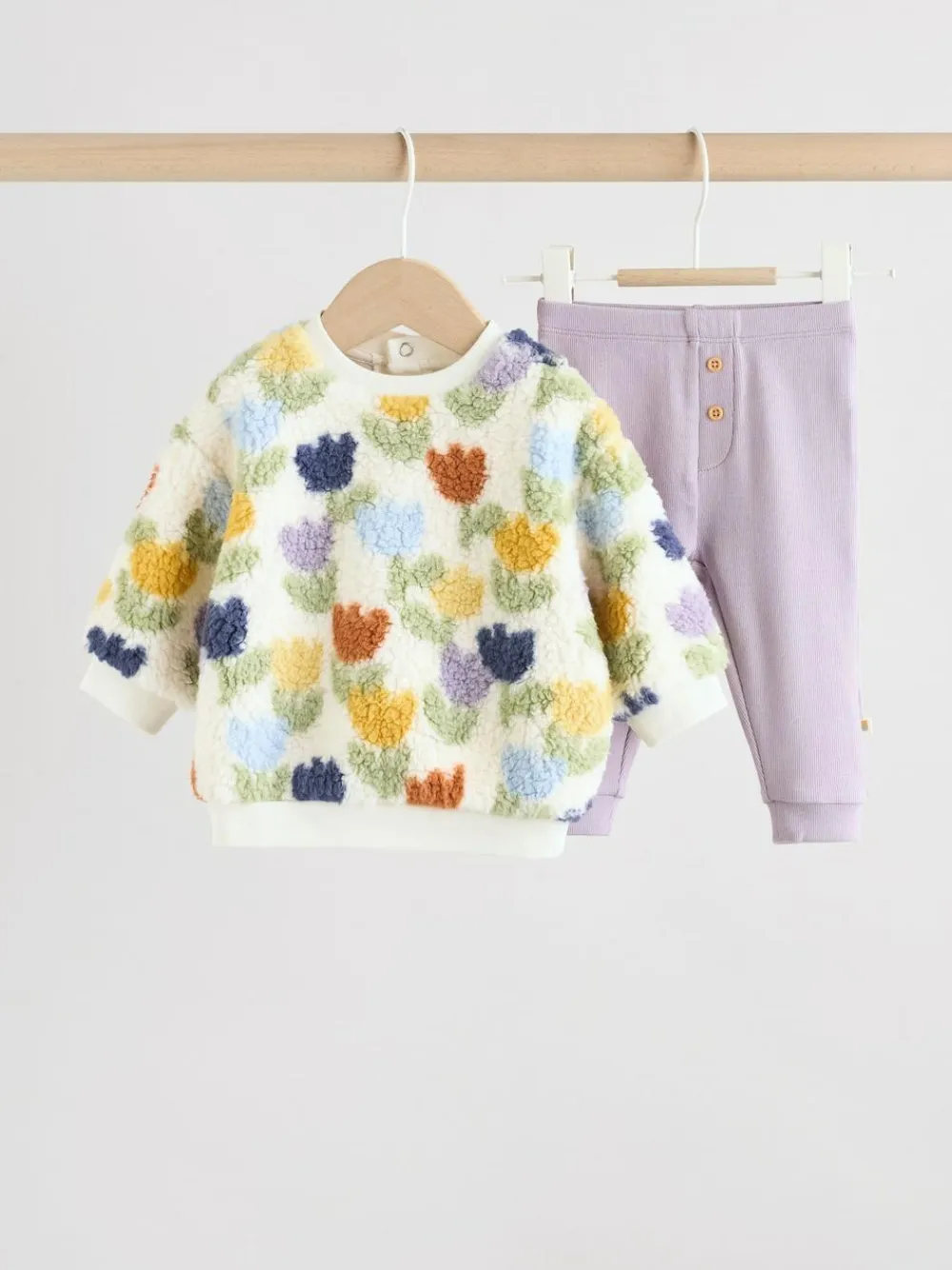 Outlet Next Baby Fleece Tops and Leggings Set 2 Piece (0mths-2yrs) Cream/Purple Tulip