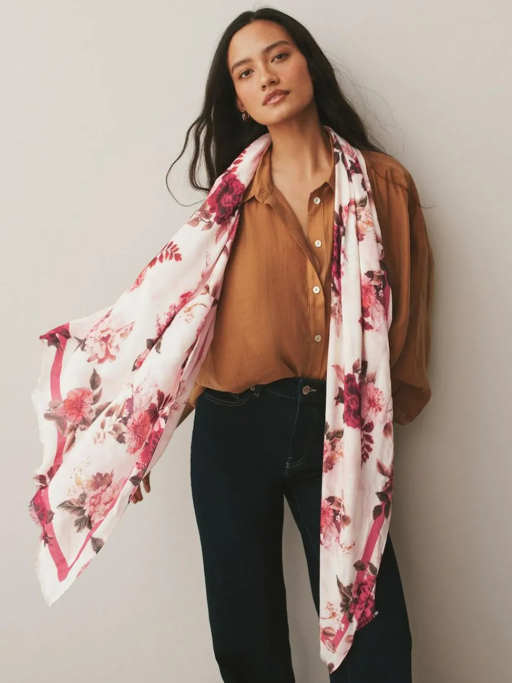 Hot Next Cream/Red Floral Print Lightweight Scarf