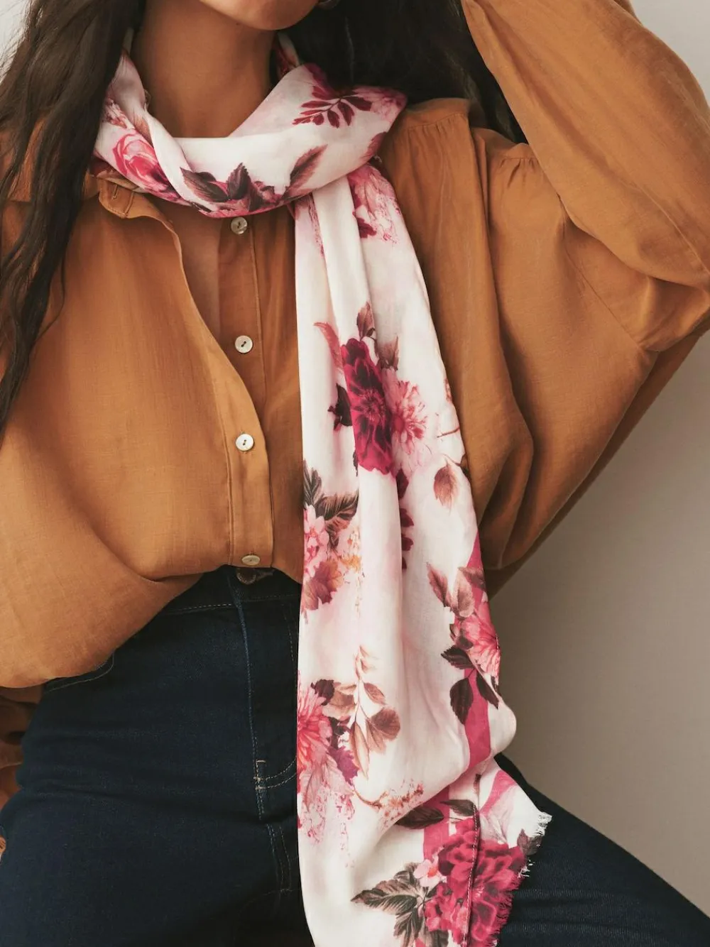 Hot Next Cream/Red Floral Print Lightweight Scarf