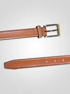 D555 Brown ANTHONY Square Buckle Edge Stitched Faux 2.7 Cm Width Leather Belt