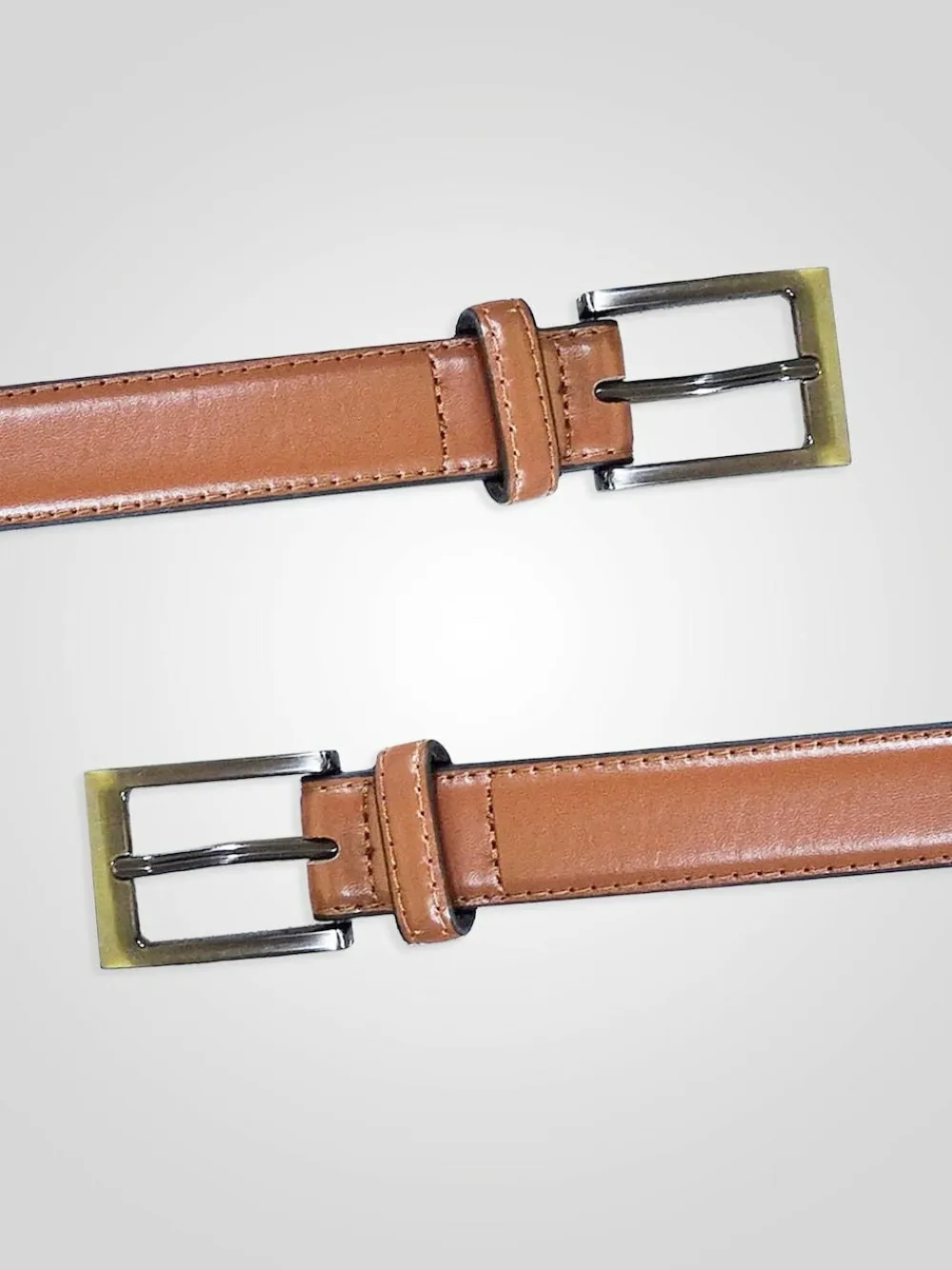 D555 Brown ANTHONY Square Buckle Edge Stitched Faux 2.7 Cm Width Leather Belt