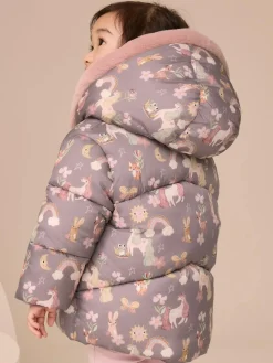 Online Next Shower Resistant Faux Fur Trim Padded Coat (3mths-7yrs) Damson Unicorn