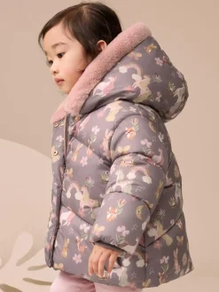 Online Next Shower Resistant Faux Fur Trim Padded Coat (3mths-7yrs) Damson Unicorn