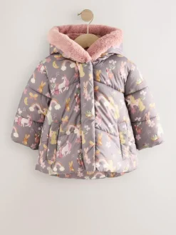 Online Next Shower Resistant Faux Fur Trim Padded Coat (3mths-7yrs) Damson Unicorn