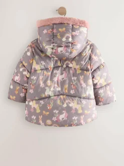 Online Next Shower Resistant Faux Fur Trim Padded Coat (3mths-7yrs) Damson Unicorn