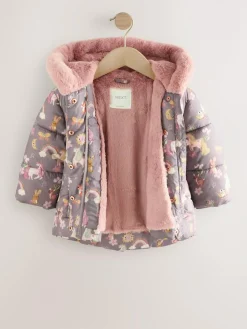 Online Next Shower Resistant Faux Fur Trim Padded Coat (3mths-7yrs) Damson Unicorn